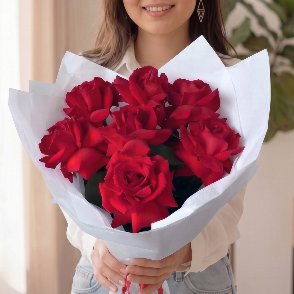 Букет из 7 красных французских роз в белой упаковке